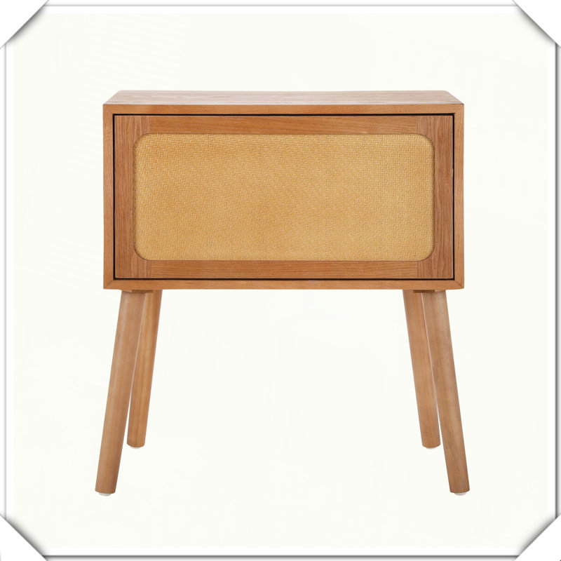 Table de chevet pivotante à compartiments cachés et pieds en rotin de style Mid-Century
