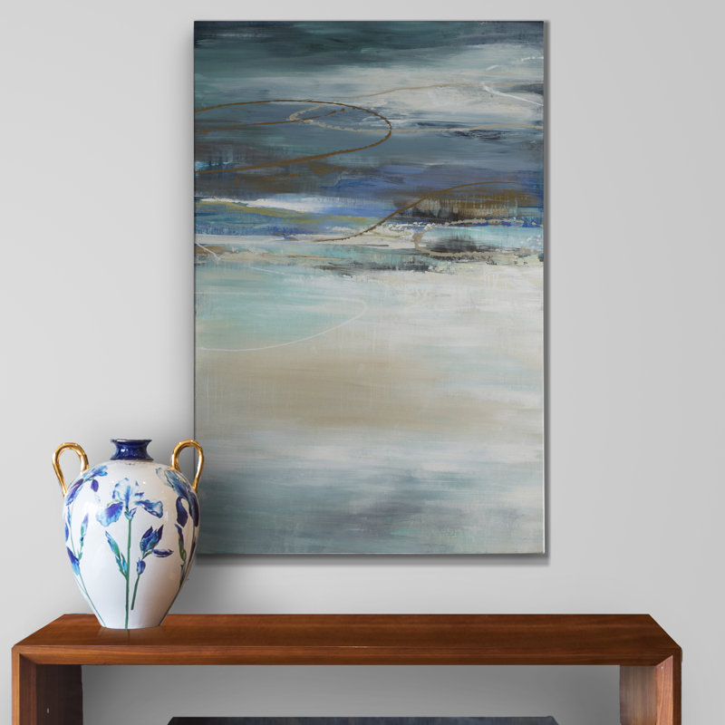 «Geo Cache in Aqua Tones», peinture sur toile tendue, H 40 po x l 30 po x P 1 po