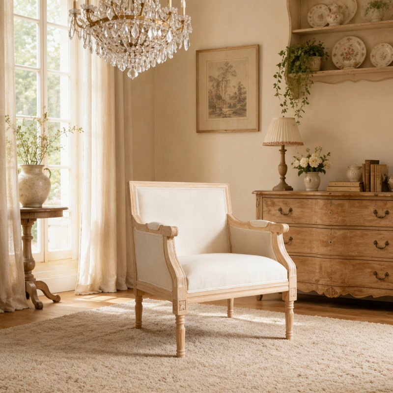 Fauteuil d'appoint français avec cadre en bois et revêtement en lin, Fabric