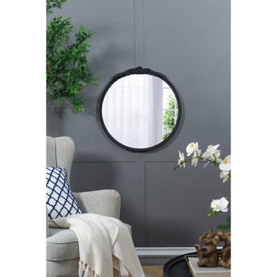 Black Round Mirror Frame With Delicate Hand Rose, 30"x30", For Live Space Decor Rose Antique Frame, Black, Bathroom, Entryway Wall