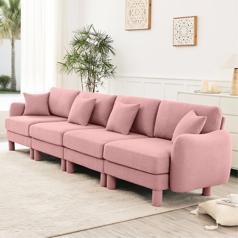 Canapé rose à 4 places en tissu bouclé moderne avec sièges à ressorts et revêtement respirant, Rose