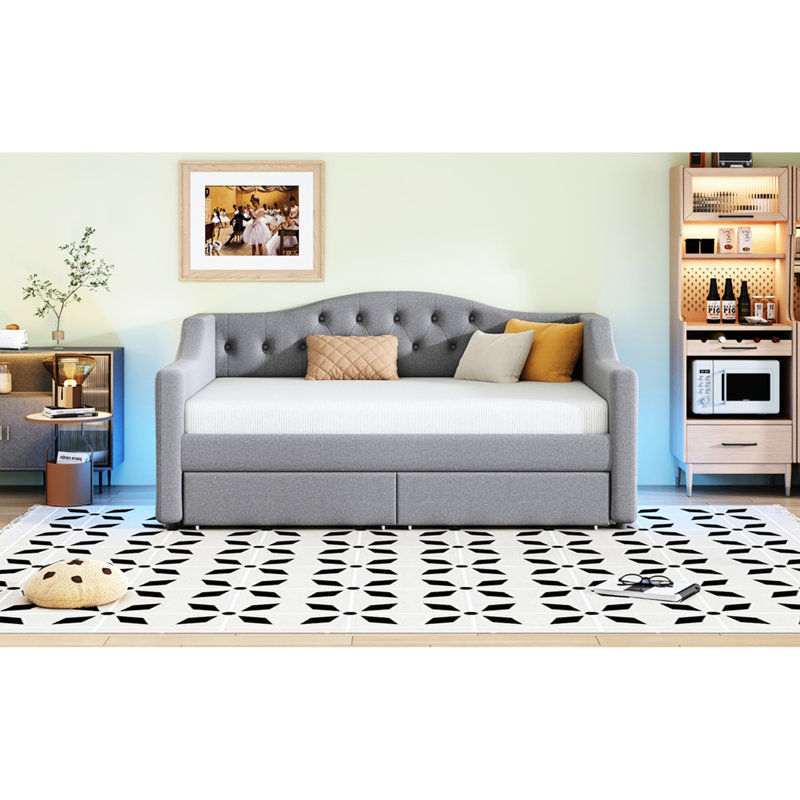 Lit de jour gris rembourré simple TG avec DEL sur les deux côtés, 2 tiroirs et chambre à coucher recouverte de lin avec un aspect rembourré pour un repos confortable