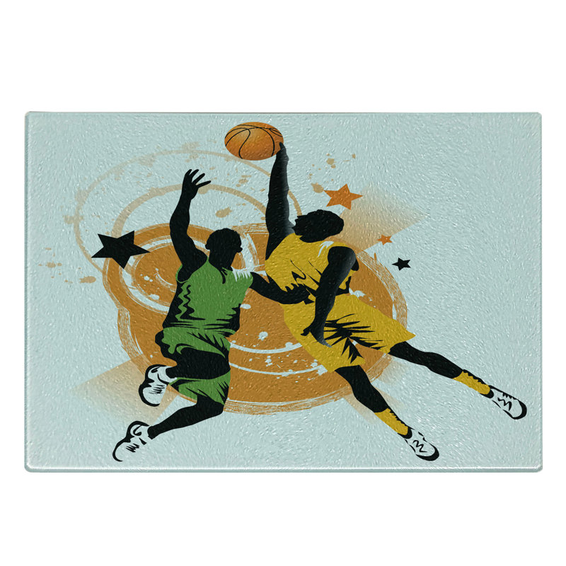 Ambesonne, dessin de planche à découper en verre trempé, joueurs de basketball, orange, vert