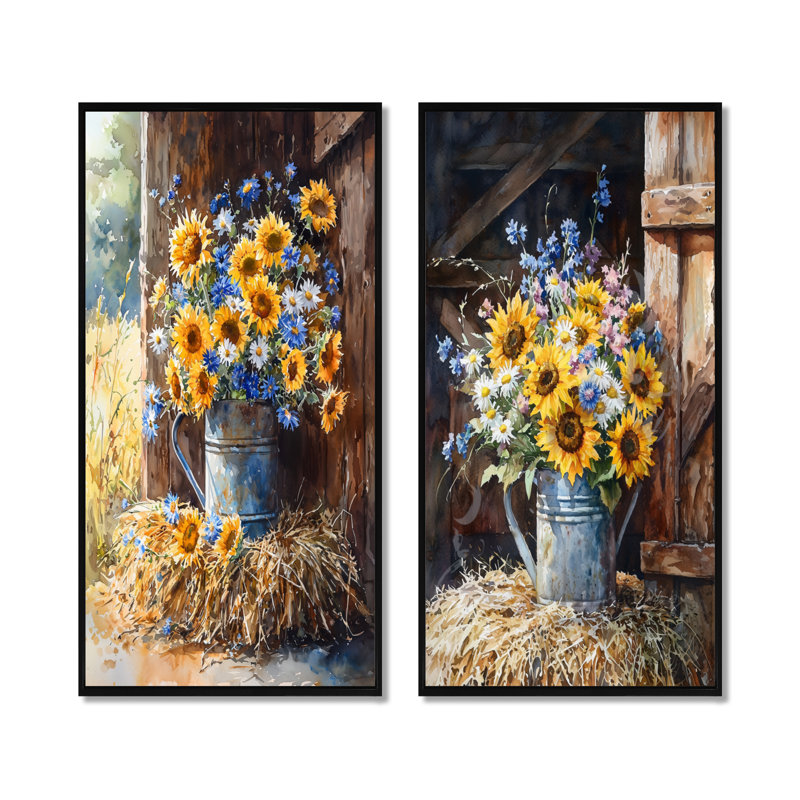 Assortiment de fleurs et fleurs du champ I - décoration murale florale 2 panneaux, H 40 po x l 41 po, Cadre flottant noir