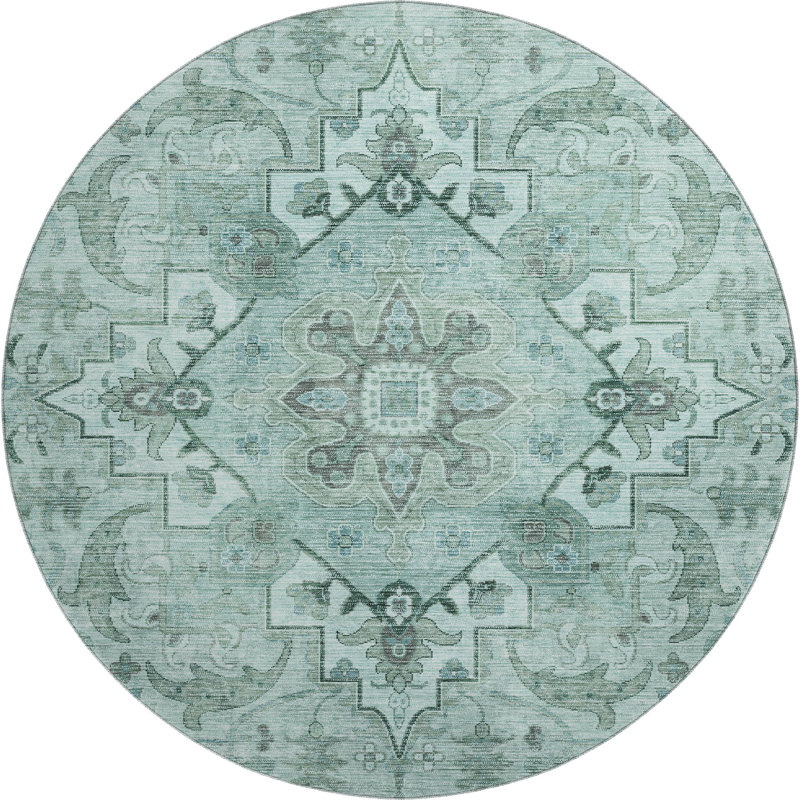 Premium Machine Washable Mayfield AMF2164 global Rug, Teal, Round 8' 