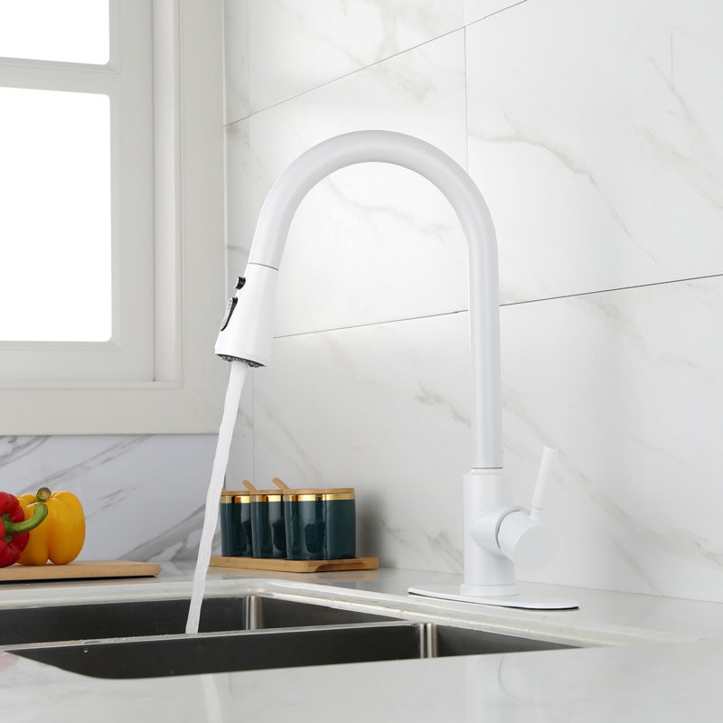 Robinet de cuisine moderne en acier inoxydable blanc, douchette extractible pour une utilisation polyvalente, buse rotative à 360 °, deux options de débit d'eau, robinet en acier à une seule opération facile à utiliser, élégant et pratique