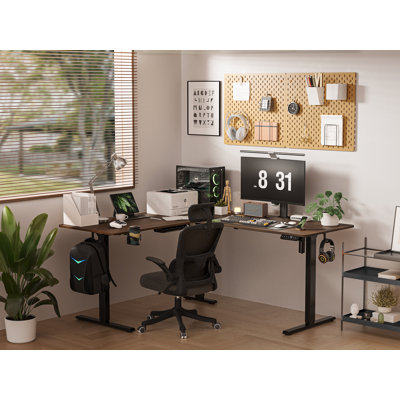 75" Reversible L Shaped Standing Desk, Height Adjustable with Cup Holder, Electric Corner Computer Workstation, Sit Stand up Home Office, Ergonomic Ga