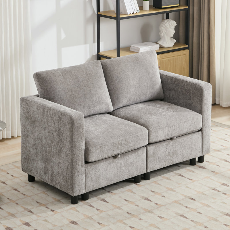 Canapé modulaire avec causeuse 58,3 po avec rangement sous le siège, chenille, Chenille gris pâle