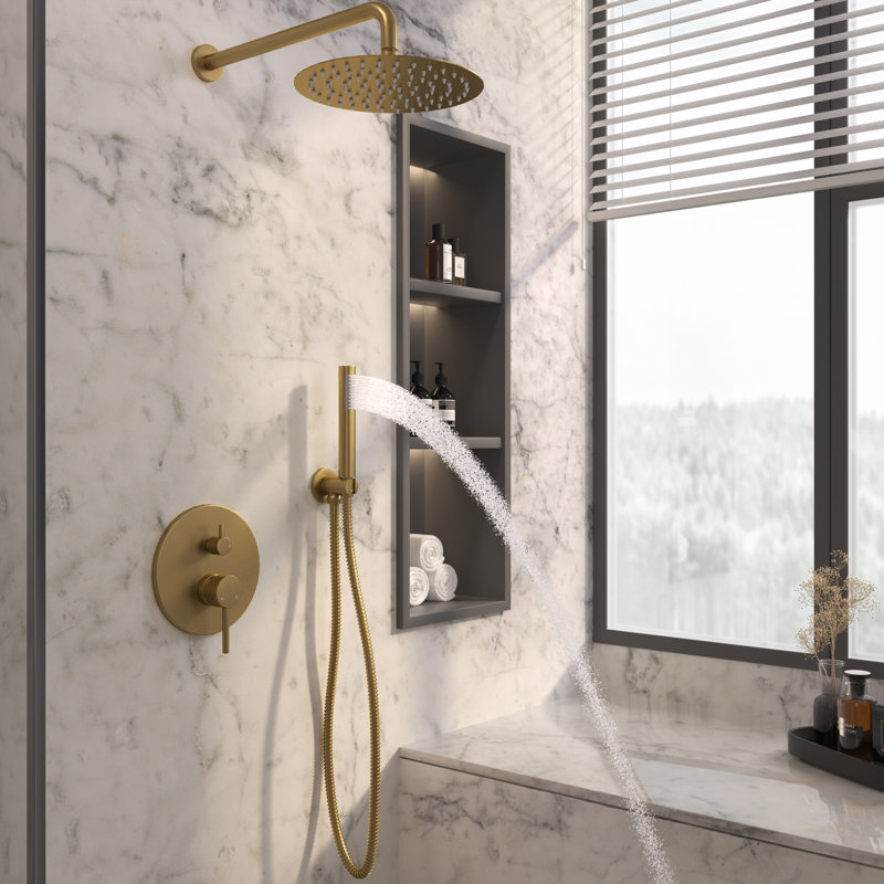 Calder Complete Shower System with Rough in-Valve, Brushed Gold