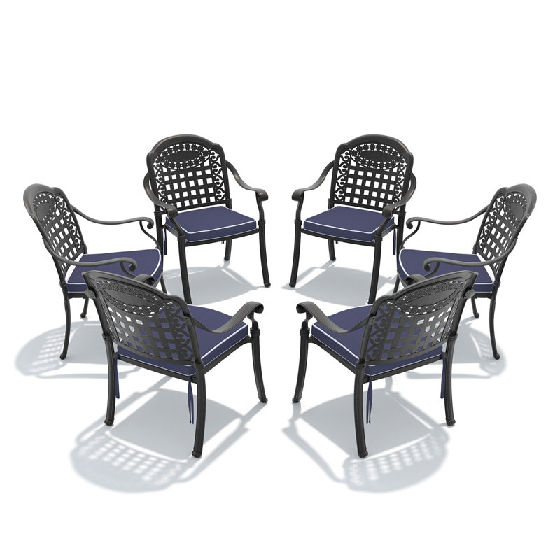 Chaise de patio en fonte d'aluminium 6 pièces avec cadre noir et coussins bleus, 6
