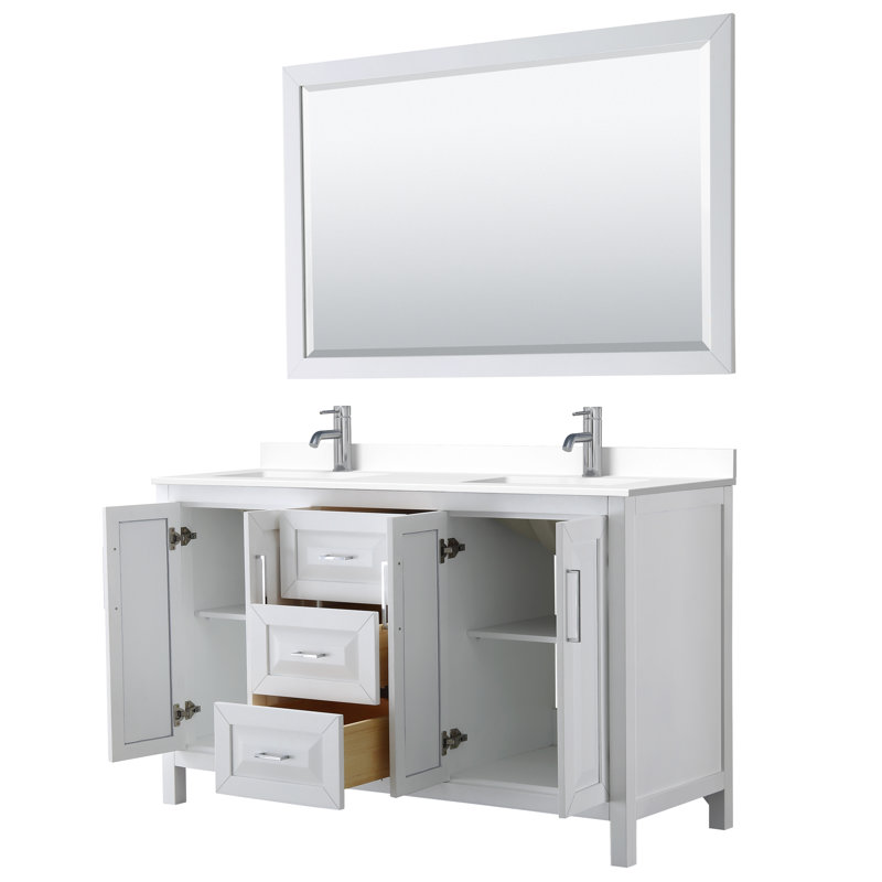 Ensemble de meuble-lavabo double avec miroir Daria, Blanc, Chrome poli, 72"