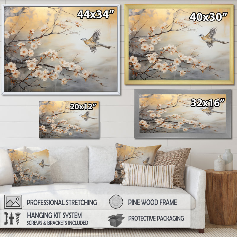 Oiseaux gris et blancs sur un arbre floral III - art mural oiseau, H 24 po x l 32 po x P 1 po, Cadre flottant doré