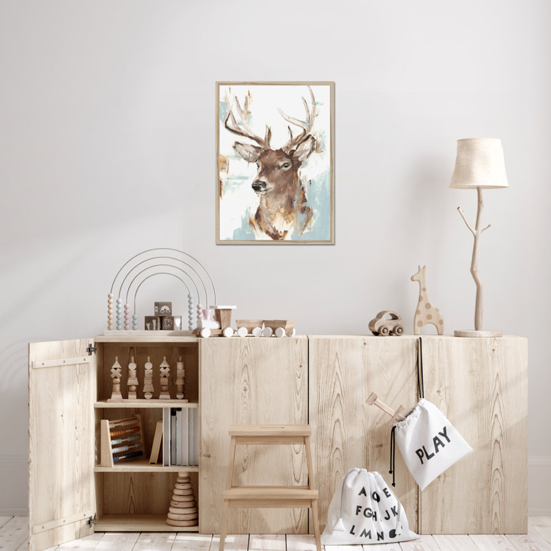 Bacote Modern Deer Mount II by Ethan Harper - Painting, 80cm H x 55cm W, Natural Wood Framed Paper Print