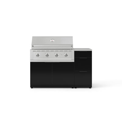 Ensemble d'armoires d'extérieur en aluminium noir 4 pièces avec 3 tiroirs, armoire de barbecue, barbecue au propane liquide 40 po et plateau en acier inoxydable 16 po