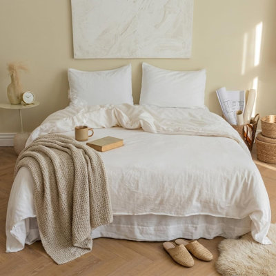 Linen Cotton Duvet Cover Set with Hidden Zipper Closure(Full, White)
