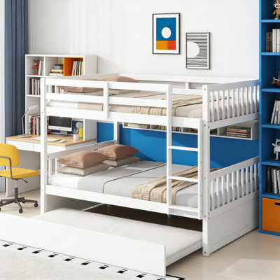 Full Over Full Solid Wood Bunk Bed With Trundle&Ladder, Convertible to 2 Full Size Beds