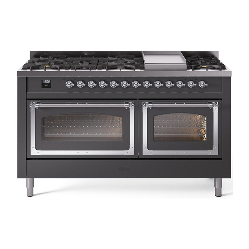 ILVE Nostalgie II Noblesse 60 in Dual Fuel Range, 9 Burner, Griddle, Graphite Matte/Chrome, Liquid Propane