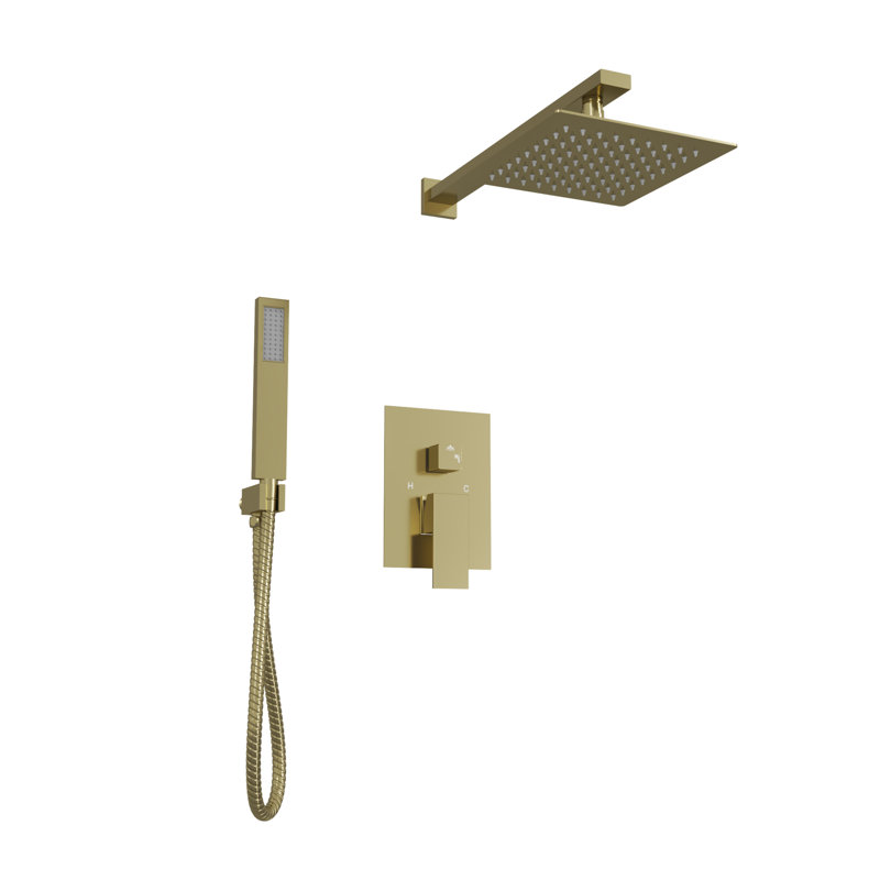 Essence Rainfall Shower Set with Shower Valve, Shower Head, Shower Arm, Handshower Holder, Handshower,and Hose, Brushed Brass
