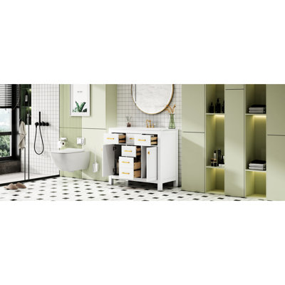 Meuble-lavabo de salle de bain avec lavabo en céramique, armoire moderne en bois massif de 36 po, 4 tiroirs et 2 portes, blanc, armoires de rangement blanches, style, unité