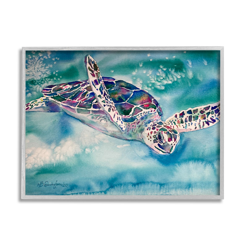 Sea Turtle Swimming Watercolor Print in Gray Floater Frame