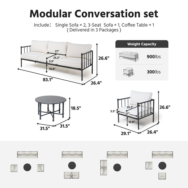 Ensemble de conversation d'extérieur pour 5 personnes avec coussins Birch Lane