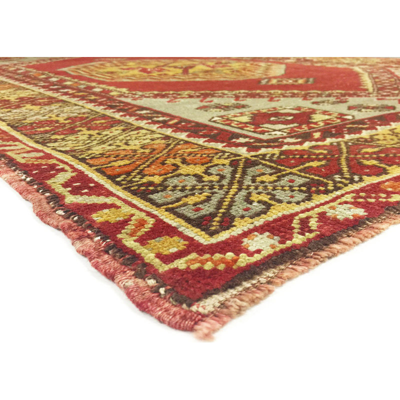 Tapis rouge / jaune en laine noué à la main de conception unique 3 pi 9 po x 5 pi 9 po années 1960