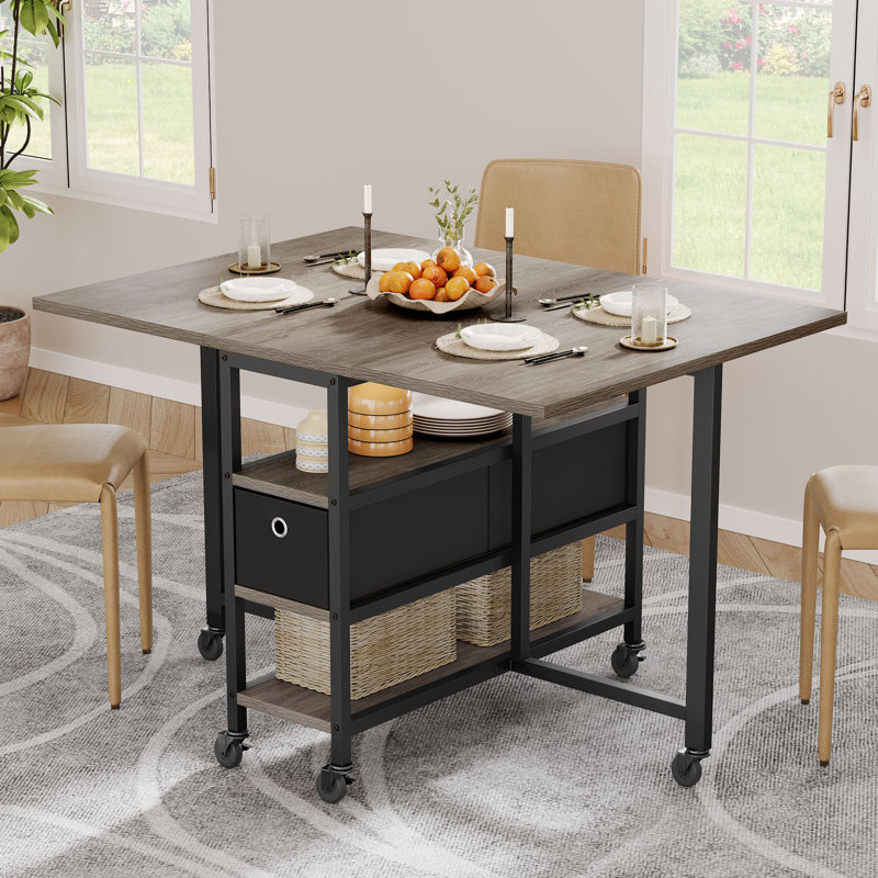 Folding Dining Table, Mobile Drop Leaf Table With 6 Wheels & Storage Drawers For Small Spaces, Kitchen, Dining Room, Black