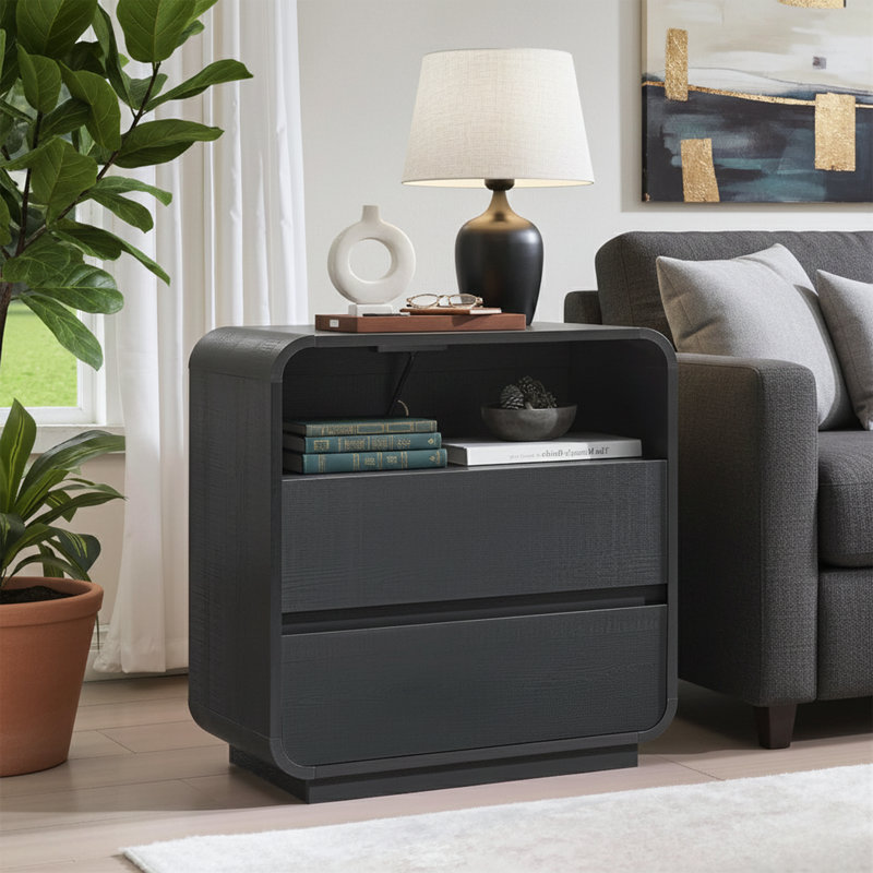 25" H Modern Nightstand with Charging Station, 2-Drawer Wood End Table with Curved Design, Black, Black
