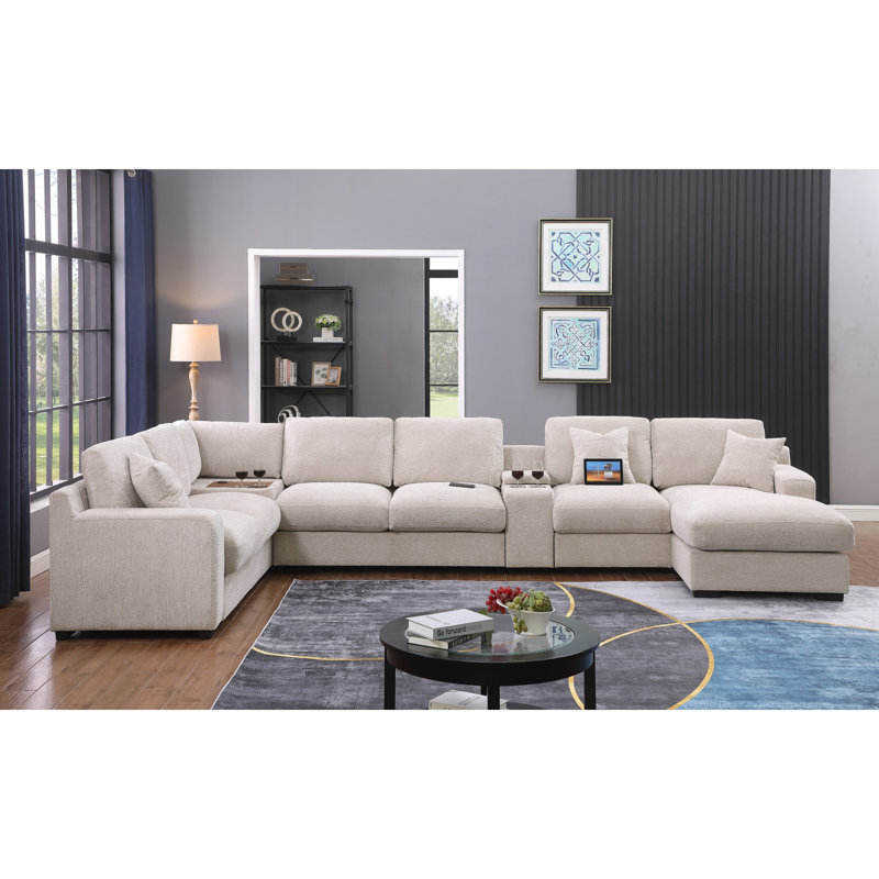Canapé modulaire moderne en chenille de 141,5 po Celine, Beige