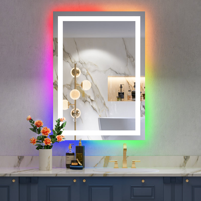 RGB Backlit & LED Frontlit Bathroom Vanity Mirror with Memory Function, 3 Color Temperatures, Dimmable Light & Anti-fog Tempered Glass & ETL