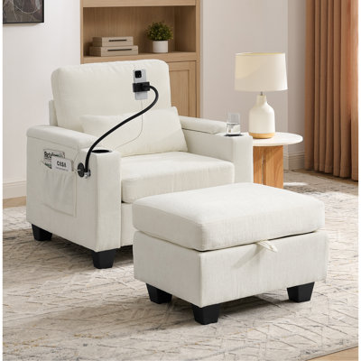 Canapé inclinable simple avec dossier réglable manuellement, port de charge USB sur le côté de l'accoudoir, support pour téléphone inclus, rangement caché pour l'accoudoir et repose-pieds assorti