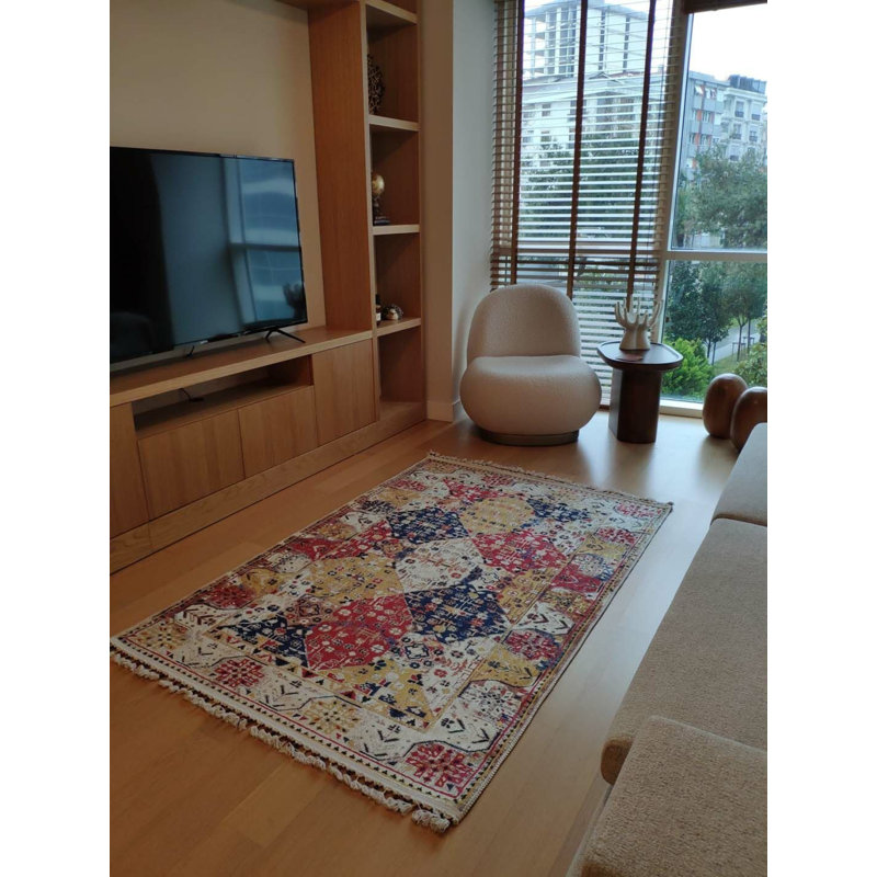 Coton imprimé marocain rouge Toscana; Tapis chenille antidérapant, Rectangle 6 pi 7 po x 8 pi 10 po