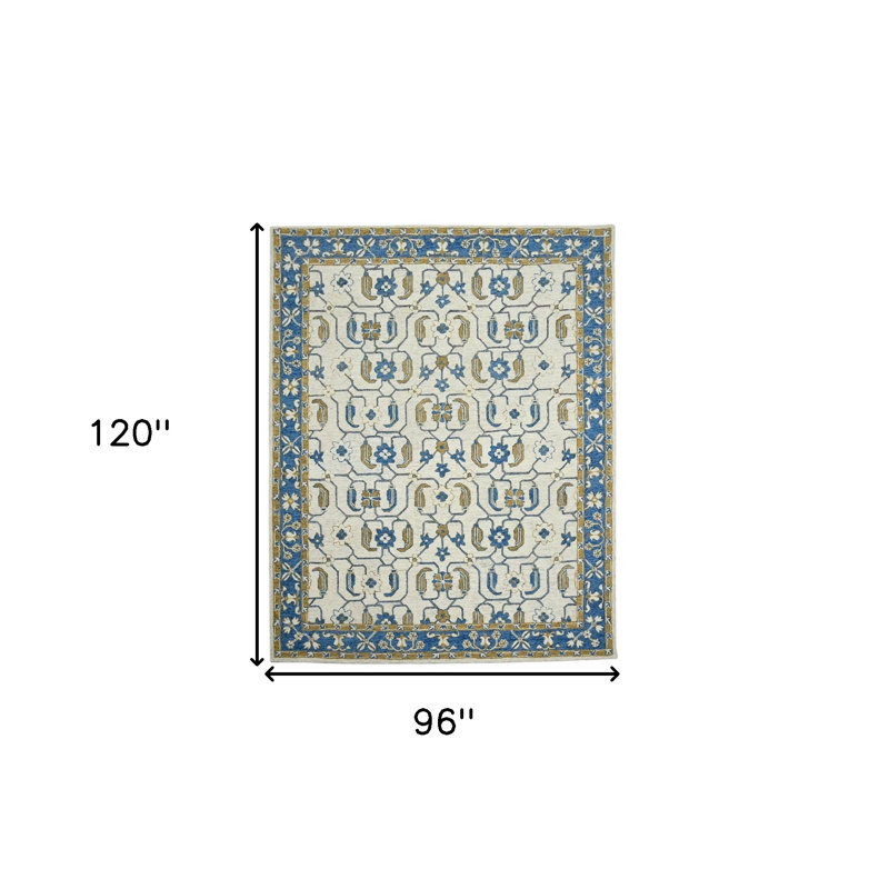 Tapis oriental crocheté à la main bleu en laine beige et brun 8 pi x 10 pi