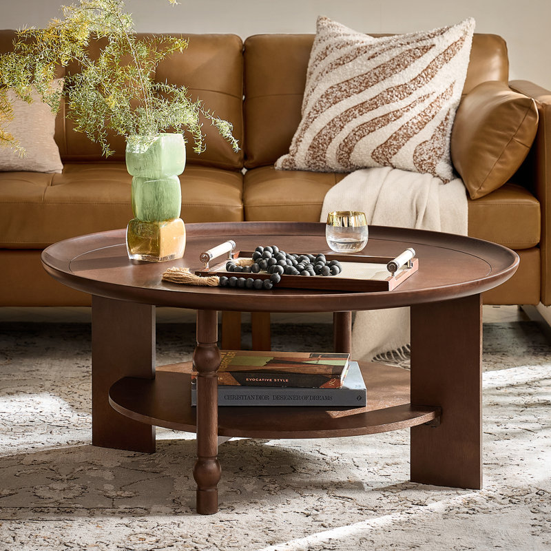 Transitional 40"W Round Unique Turned Spindle and Slab Leg Design Coffee Table with Storage Shelf, Walnut