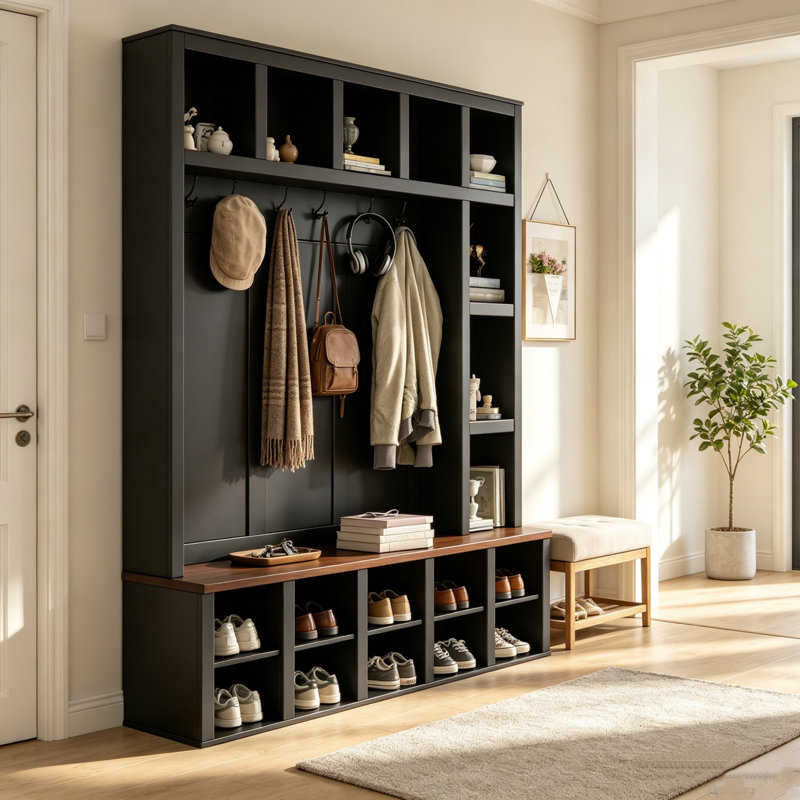 Porte-manteau de style champêtre en bois avec 6 crochets, banc de rangement en noyer, étagères réglables, meuble à chaussures 4 en 1 avec casiers pour entrée, vestiaire ou salon, noir, hauteur 195 cm