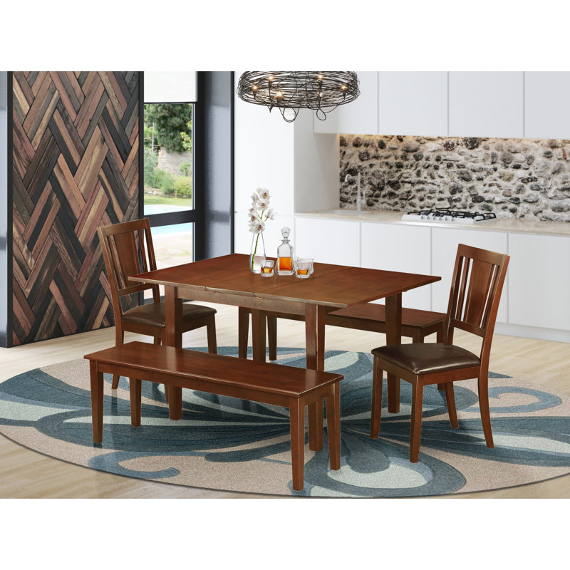 Ensemble de salle à manger 5 pièces comprenant une table de cuisine rectangulaire avec rallonge papillon et 2 chaises de salle à manger en similicuir avec 2 bancs, 91 x 137 cm, acajou