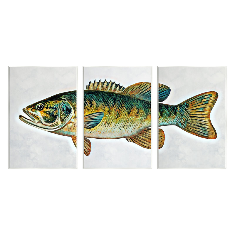 «Lake House Bass Fish Wildlife», ensemble de 3 plaques murales par Ashley Aldridge, H 15 po x l 30 po x P 0,5 po, Unframed
