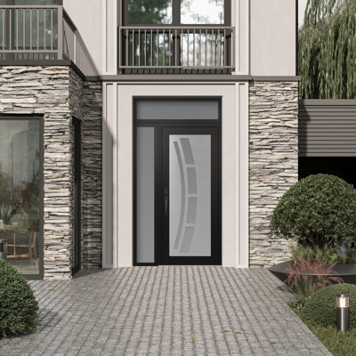 C12 Right-Hand 50 In. X 96 In. Panel Silver Steel Black And White Frosted Glass With Sidelite And Transom Frosted Glass Prehung Front Entry Door