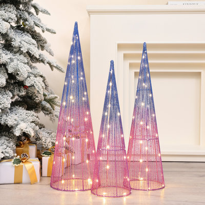 Set of 3 Multi-Colour Lighted Trees Indoor and Outdoor Holiday Decoration