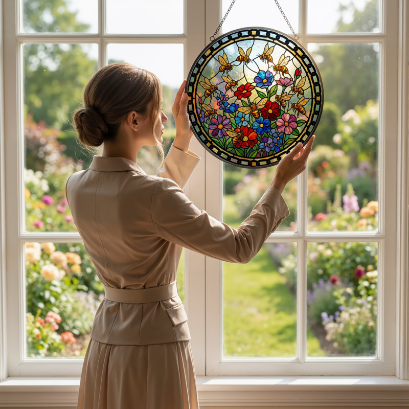 7.8"H Bees Flowers Stained Glass Window Panel, 7.8" H x 7.8" W