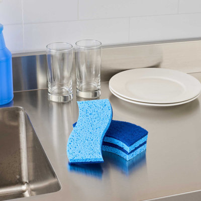 Restaurantware Kitchen Sponges 3 Pack Dual-Sided Cellulose Sponge Scrubber with Blue Scouring Pad Wavy Absorbent Scrubbing Sponge for Medium-Duty Cleaning, Scrub Walls, Coffee Makers