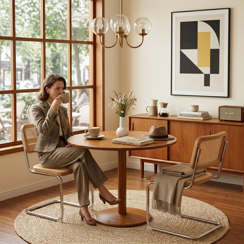 19.3" H Mid-Century Modern Cantilever Dining Chair with Cane Back and Seat, Metal Frame , Burly Wood 1, Silver