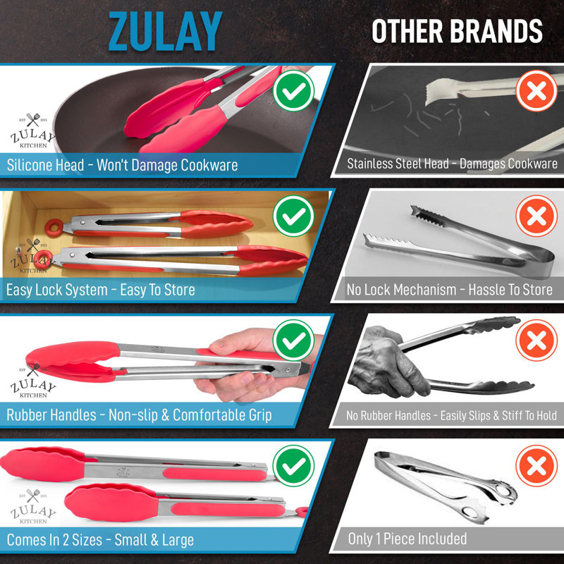 Zulay Kitchen Tongs For Cooking - 2 Pack 9" & 12" Stainless Steel Silicone Tong Set, Red