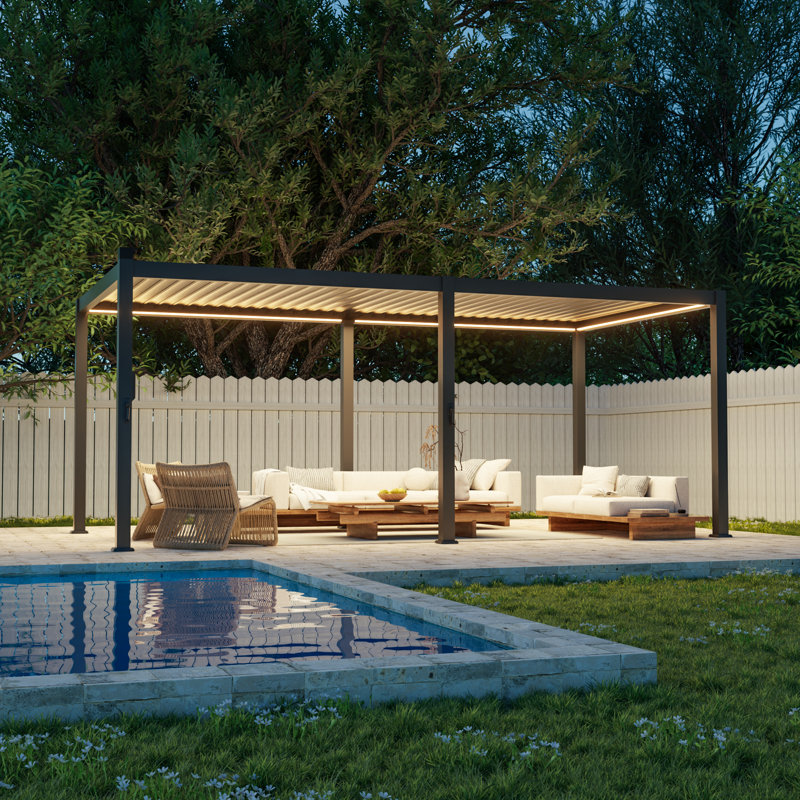 Outdoor Aluminum Pergola with Adjustable Louvered Roof and Solar LED Lights, Dark Gray, 12 ft x 20 ft