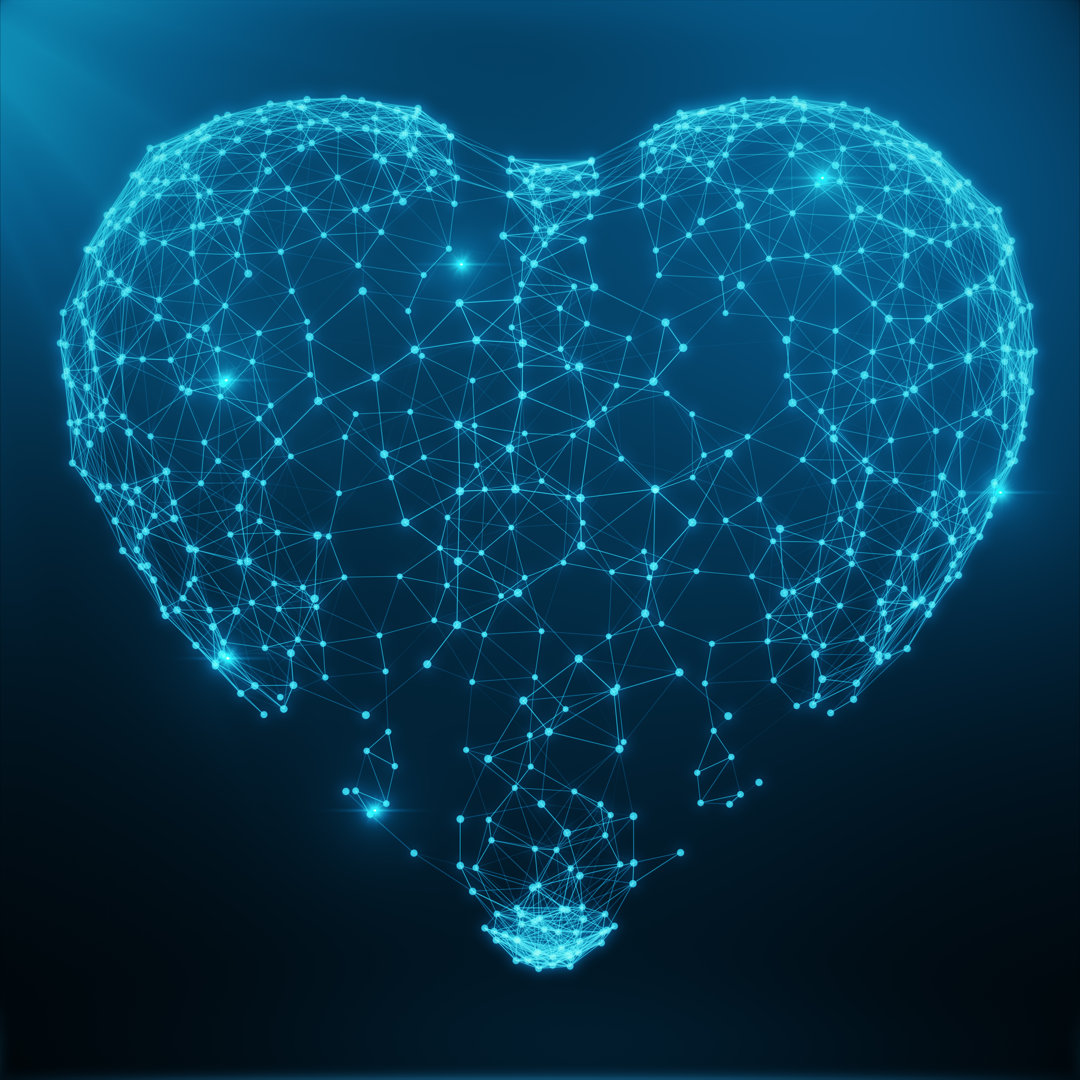 Polygonal Abstract Heart Concept Consisting Of Blue Dots And Lines. Digital Illustration. Polygonal Structure, Triangle Structure. Consisting Of Point