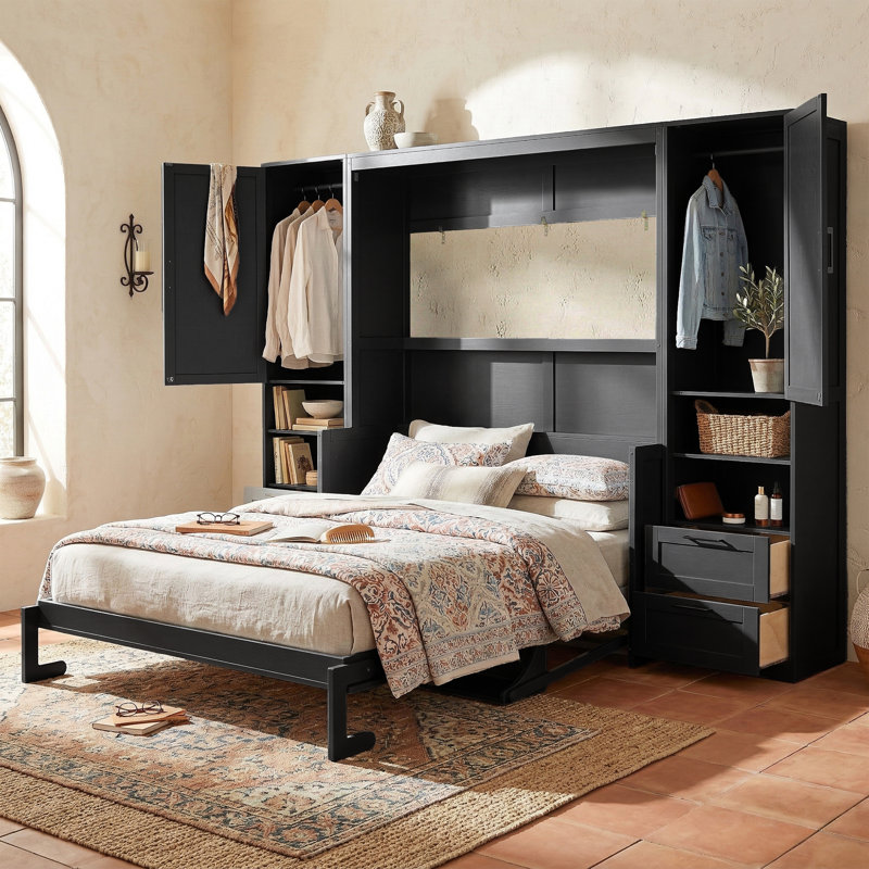  Lit escamotable, lit escamotable avec garde-robe et bureau, bois, tiroirs et étagères de rangement, moderne et contemporain, pièce multifonctionnelle