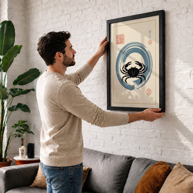 Crab in Circles Japandi - Framed Print, A2 - 59.4 x 42.0 cm, Unframed