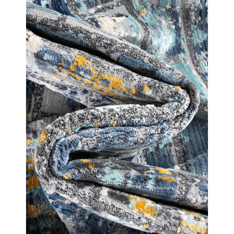 Tapis gris / bleu , Rond 3 pi 7 po