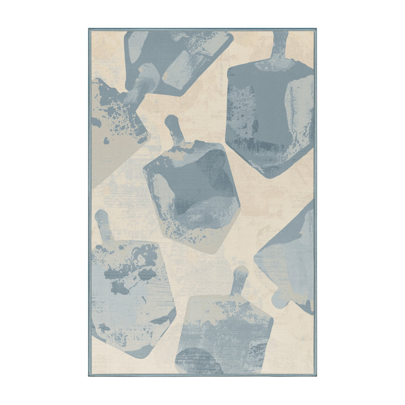 Soft Plush Faye Hanukkah Modern & Contemporary Abstract Area Rug in Beige – SkyBlue Binding, 5x7