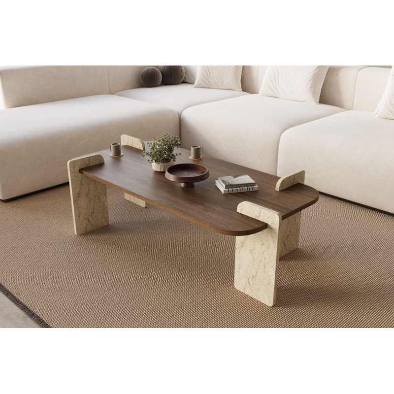 Table basse rectangulaire en travertin et noyer, Beige, Travertin noyer